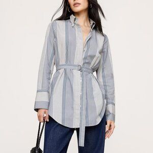 NWT Banana Republic Navy Striped Cotton Poplin Belted Button-Up Tunic Shirt PS